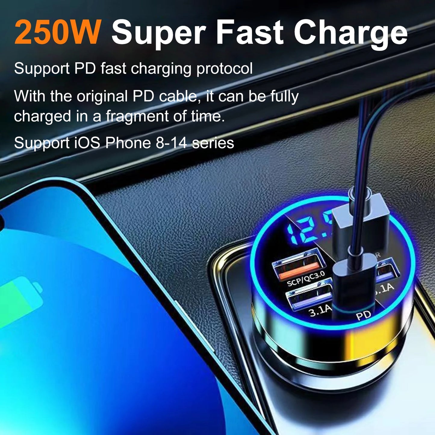 250W 4 Port Fast Car Charging Adapter