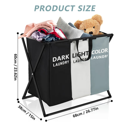 3 Sections Divided Laundry Basket Large
